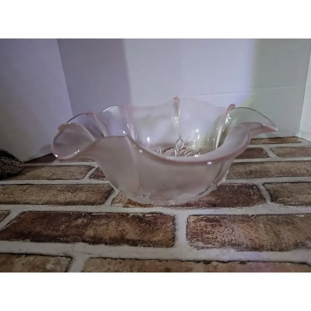 Vintage Mikasa Pink Rosella Bowl Crystal Rose Ruffled Edge Frosted Candy Dish